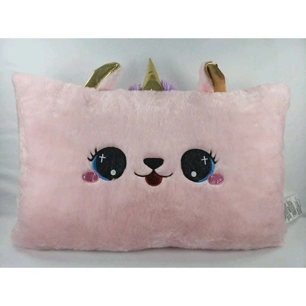 Unicorn Kids Bed Pillow Pink 16.5x24 Fuzzy Plush Gold Horn Ears Purple Mane NWT